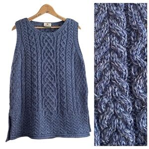 Carraig Donn Merino Wool Blue Cable Knit Sleeveless Sweater Vest Large